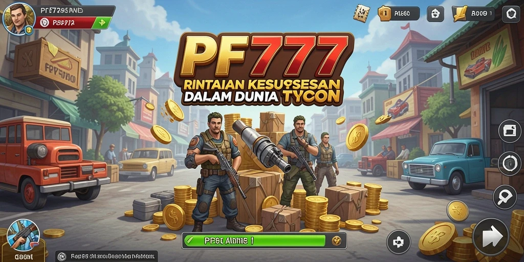Screenshot gameplay PF777 dengan taman hiburan yang ramai dan wahana menarik.